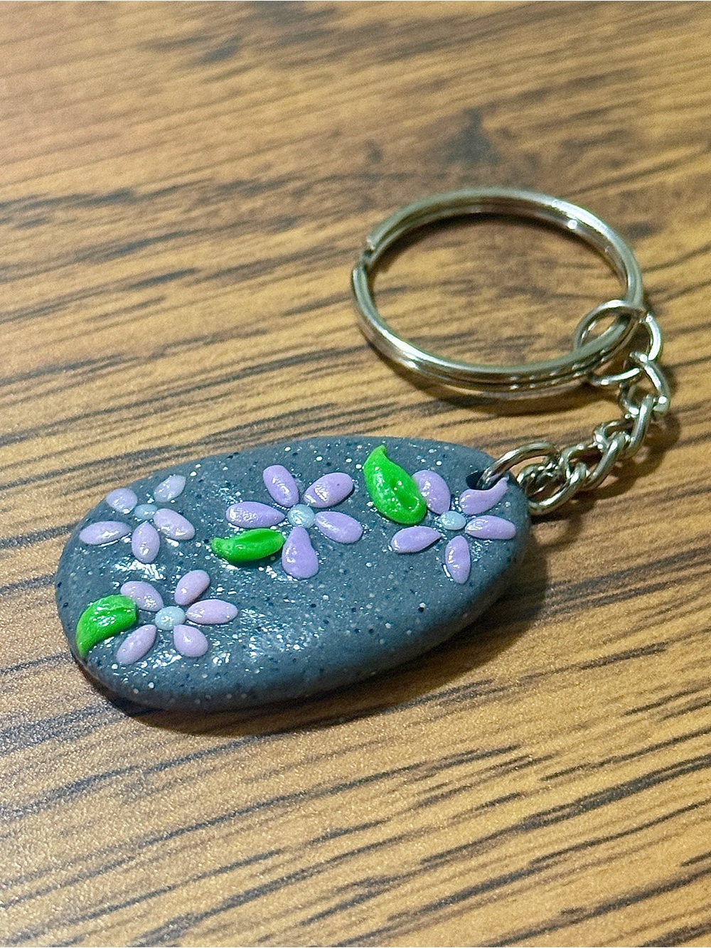 Handmade Floral Polymer Clay Keychain - Gray with Lavender Flowers
